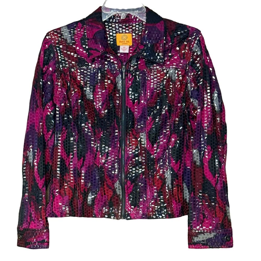 Ruby Rd. Magenta & Black Patterned Zip-Front Jacket